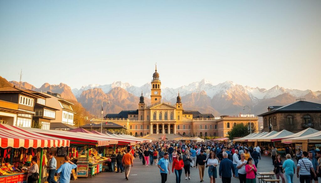 A vibrant cityscape featuring a bustling town square, with people strolling, dining, and engaging in various tourist activities. In the foreground, colorful kiosks and stalls offer local crafts, souvenirs, and street food. In the middle ground, a grand, historic building stands tall, its architecture a blend of traditional and modern elements. In the background, towering mountains rise, their snow-capped peaks glittering in the warm, golden sunlight. The scene is illuminated by a soft, diffused lighting, creating a warm, inviting atmosphere that beckons the viewer to explore and experience the local culture.