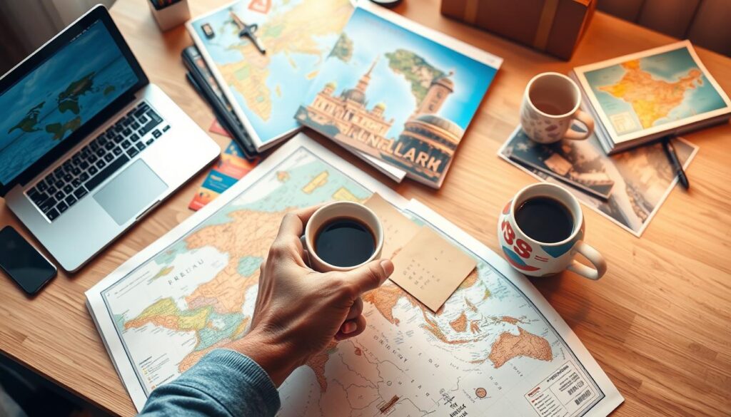 A vibrant scene of travel planning, showcasing a well-organized desk with a map, travel guides, a laptop, and a cup of coffee. The foreground features a person meticulously charting their journey, surrounded by a middle ground of neatly arranged travel essentials. The background is softly lit, creating a warm and focused atmosphere, hinting at the excitement of the upcoming adventure. The overall composition conveys a sense of intentional preparation and anticipation for discovering iconic landmarks during the trip.