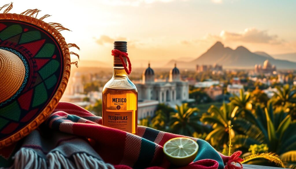 A vibrant travel guide to Mexico, showcased in a visually striking composition. In the foreground, a collection of iconic Mexican symbols - a colorful sombrero, a woven blanket, and a tequila bottle with lime. In the middle ground, a stunning aerial view of Mexico City's skyline, with the iconic Palacio de Bellas Artes and the Catedral Metropolitana as the focal points. The background depicts the lush, verdant landscapes of Mexico, with towering volcanoes, tropical foliage, and a warm, golden-hued sky. The lighting is soft and diffused, creating a warm, inviting atmosphere that captures the essence of Mexican culture and hospitality. The lens is wide, allowing for a comprehensive, panoramic view that immerses the viewer in the vibrant and diverse experiences that await in this enchanting Latin American destination.