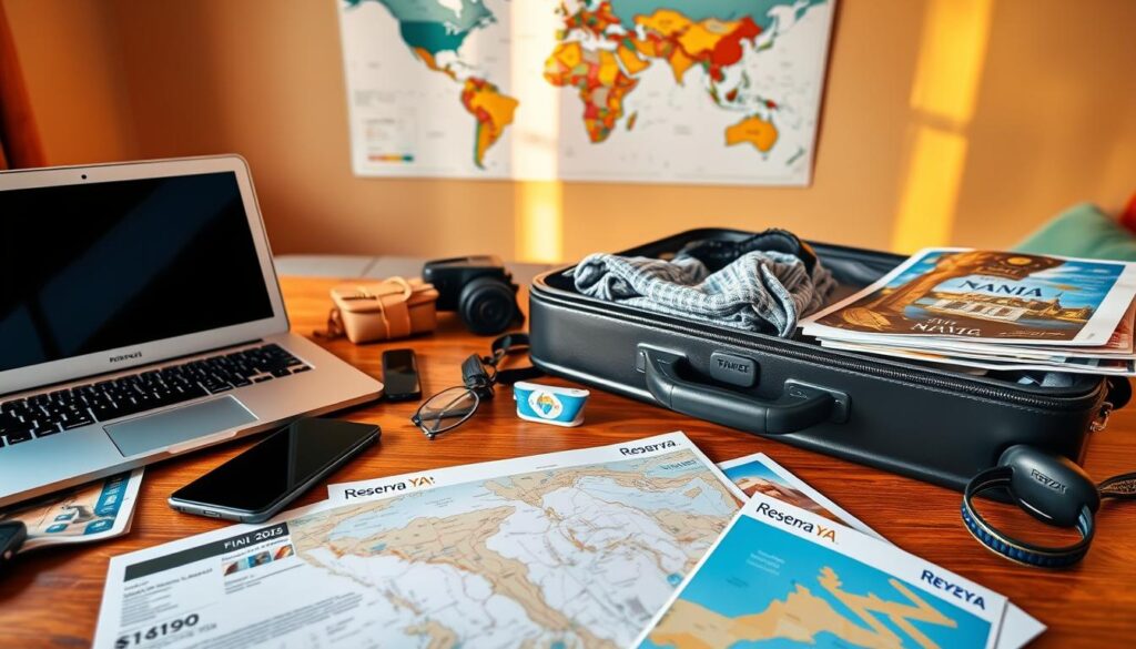 A vibrant, well-planned travel itinerary laid out on a wooden table, with a laptop, smartphone, and travel guides scattered around. A suitcase sits open, filled with neatly folded clothes and accessories. The scene is bathed in warm, golden light, creating a cozy, inviting atmosphere. In the background, a world map hangs on the wall, hinting at the exciting destinations to come. The Reserva YA brand name is prominently displayed on the travel documents, reflecting the efficient booking process. Overall, the image conveys the excitement and organization of planning the perfect trip for 2025.