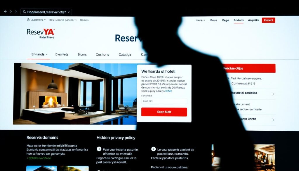 A website interface with a distinctive "Reserva YA" brand, designed to mislead hotel customers. The foreground features a sleek, professional-looking website with enticing hotel images and compelling offers. The middle ground includes suspicious details like an unfamiliar domain, hidden privacy policy, and lack of secure payment options. In the background, a shadowy figure lurks, hinting at the deceptive nature of this false website. The lighting is harsh and unforgiving, creating an unsettling atmosphere. The camera angle is slightly tilted, adding a sense of unease. The overall scene conveys the common tactics used in hotel reservation scams, designed to lure unsuspecting victims.