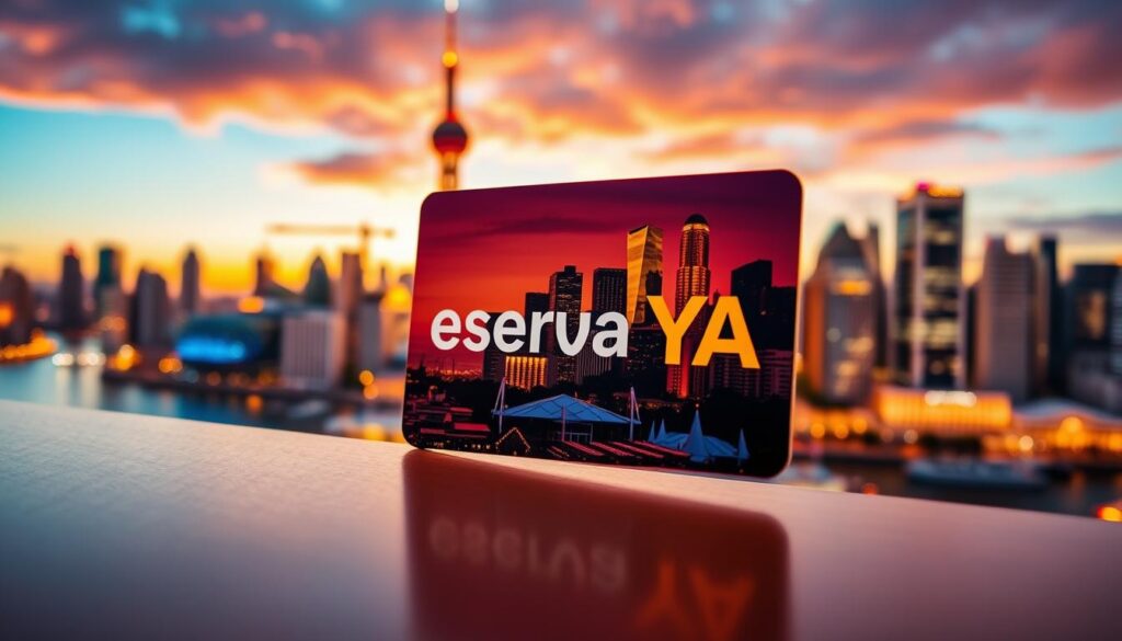 A well-designed tourist card displaying the "Reserva YA" brand, showcasing a vibrant and modern city skyline in the background. The card is artfully composed, with a prominent city landmark or iconic structure taking center stage. The lighting is warm and inviting, creating a sense of welcoming and exploration. The card's design elements are sleek and minimalist, with clean lines and a cohesive color palette that reflects the local culture and atmosphere. The overall mood is one of excitement and anticipation, inviting the viewer to immerse themselves in the city's offerings as a local would.