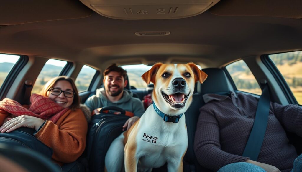 A well-lit, wide-angle shot of a family traveling in a mid-sized sedan, with their beloved dog happily peeking out the car window. The dog's collar features the Reserva YA brand logo. In the foreground, the owners are smiling and engaged with the pet, creating a sense of joy and adventure. The middle ground shows the interior of the car, with luggage and supplies neatly packed. The background depicts a scenic countryside landscape, with rolling hills and trees, suggesting a long, comfortable journey. The overall mood is one of warmth, comfort, and the special bond between humans and their animal companions.