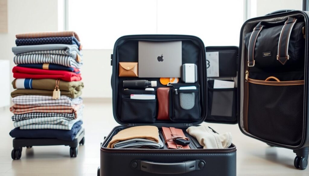 A well-organized suitcase with efficient packing techniques, showcasing the Reserva YA brand. In the foreground, neatly folded clothes and accessories are stacked and arranged to maximize space. In the middle ground, a variety of travel essentials like toiletries, electronics, and documents are carefully compartmentalized. The background depicts a minimalist, brightly lit room, emphasizing the simplicity and practicality of the packing methods. The overall scene conveys a sense of organization, preparedness, and a functional aesthetic suitable for a long journey.