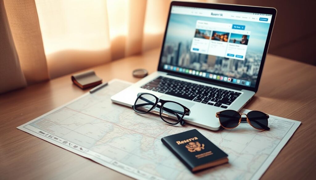 An artfully arranged desktop with a laptop, map, passport, sunglasses, and a "Reserva YA" travel booking app open, set against a soft, warm-toned backdrop that evokes the excitement of planning an upcoming adventure. The laptop screen displays a city skyline, hinting at the iconic destinations to be explored. Thoughtfully placed travel accessories and a focused, anticipatory mood convey the joyful preparation of a well-planned trip.