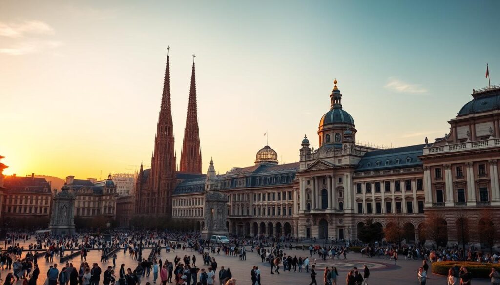 An iconic cityscape at golden hour, with towering historical landmarks standing tall against a warm, vibrant sky. In the foreground, a bustling plaza teeming with people admiring the architectural marvels that define the character of this renowned destination. The middle ground features grand, ornate buildings, their intricate details accentuated by the soft, directional lighting. In the distance, a majestic, ancient structure commands attention, its timeless silhouette a testament to the rich cultural heritage of this emblematic place. The overall scene conveys a sense of timeless wonder, where the past and present seamlessly intertwine, capturing the essence of what makes this location so iconic and important.