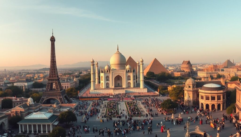 An iconic vista of renowned global tourist attractions, captured through the lens of a wide-angle camera. In the foreground, majestic landmarks such as the Eiffel Tower, Taj Mahal, and Pyramids of Giza stand in striking juxtaposition, their architectural splendor accentuated by warm, golden-hour lighting. The middle ground features bustling city streets and promenades, filled with vibrant crowds of visitors exploring these renowned destinations. In the distant background, a tapestry of other celebrated sites like the Great Wall of China, Colosseum, and Machu Picchu create a harmonious, awe-inspiring panorama. This image conveys the essence of what it means to be a globally renowned tourist attraction - a unique blend of cultural, historical, and architectural significance that captivates and inspires travelers from around the world.