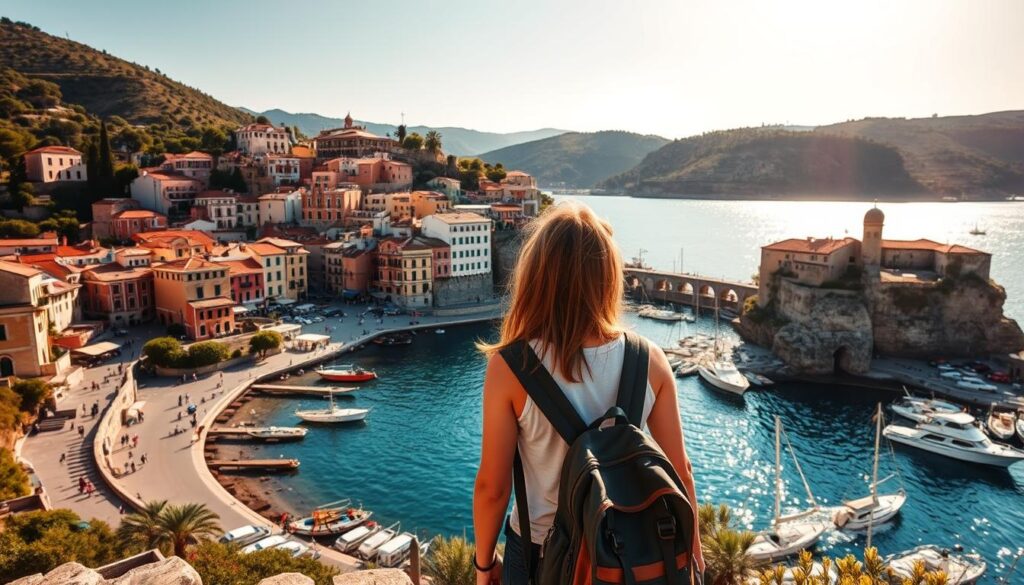 Destinations for solo travel: a picturesque coastal town with colorful buildings, winding cobblestone streets, and a bustling harbor filled with small fishing boats. In the foreground, a lone traveler stands, backpack in hand, gazing out at the sparkling azure waters. The warm Mediterranean sun casts a golden glow, illuminating the scene with a sense of adventure and tranquility. In the background, rolling hills dotted with olive groves and vineyards create a serene, pastoral backdrop. The overall mood is one of exploration, independence, and the thrill of discovering new horizons. Reserva YA