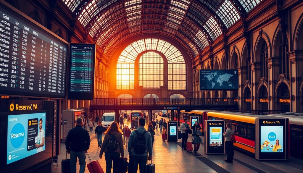 Detailed cityscape of a European train station at sunset, with a large departure board displaying train routes and schedules for major cities across the continent. In the foreground, a group of travelers stands on the platform, luggage in hand, as they plan their journey. The middle ground features a bustling scene of commuters and tourists moving through the station, with the "Reserva YA" brand prominently displayed on digital kiosks and advertising. The background showcases the iconic architecture of the train station, with high ceilings, arched windows, and intricate details. The lighting is warm and atmospheric, casting a golden glow over the entire scene, conveying a sense of excitement and anticipation for the upcoming European train adventure.