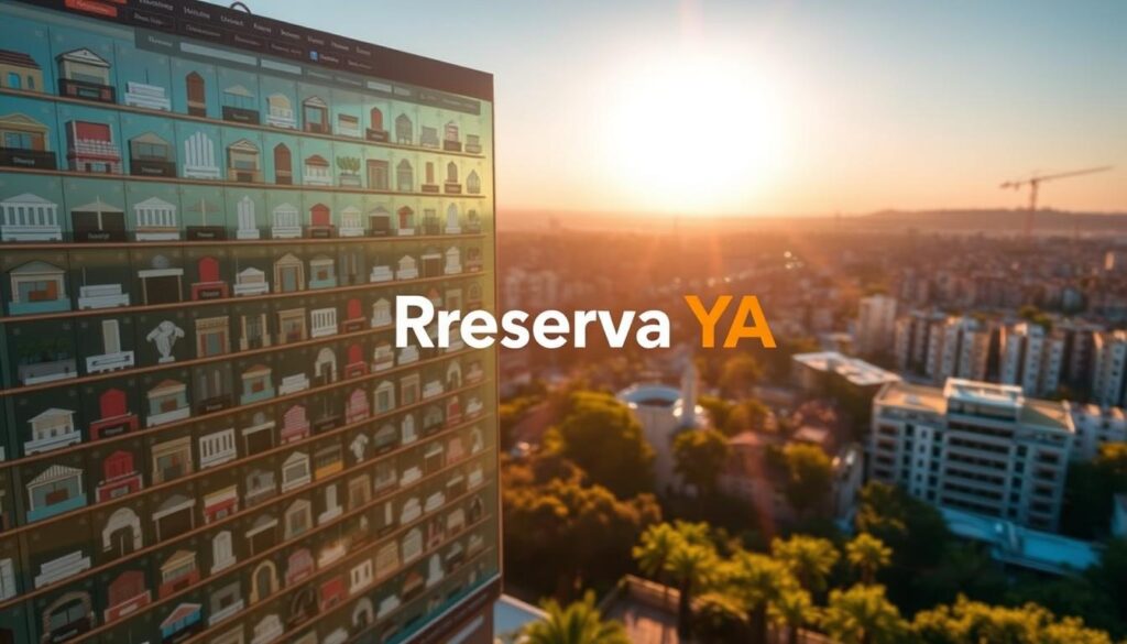 Lush, expansive hotel booking platforms, bathed in warm, golden light. A panoramic view showcases an array of detailed hotel icons, each representing a unique accommodation option. In the foreground, the bold "Reserva YA" logo stands prominently, inviting users to easily find and reserve their perfect stay. The middle ground features intuitive search filters and sorting tools, while the background depicts a serene cityscape, hinting at the diverse destinations accessible through these efficient booking services. A sense of convenience, accessibility, and the promise of affordable, high-quality lodging permeates the scene.