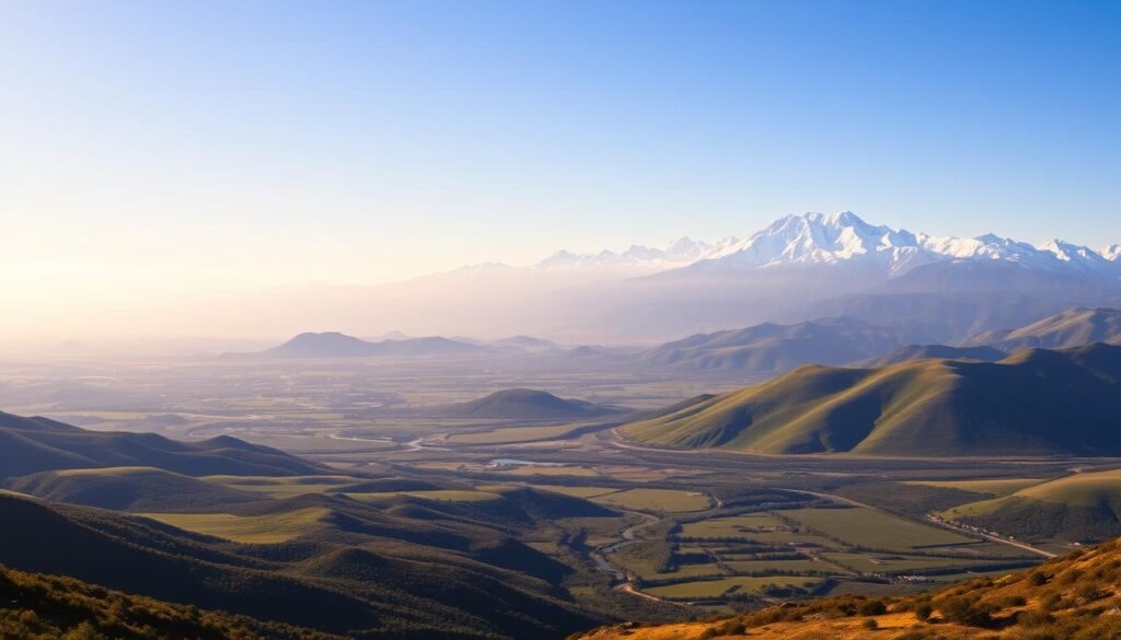 Majestic landscape of Chile, showcasing the stunning geographical diversity of the country. A wide, panoramic view captures the Andes mountains rising majestically in the background, their snow-capped peaks piercing the azure sky. In the foreground, a vast, rolling expanse of lush, verdant hills and valleys, interspersed with shimmering lakes and winding rivers. The scene is bathed in warm, golden light, creating a serene and inviting atmosphere that invites the viewer to explore this remarkable land. The composition is balanced and harmonious, highlighting the natural beauty and grandeur of Chile's diverse geography.