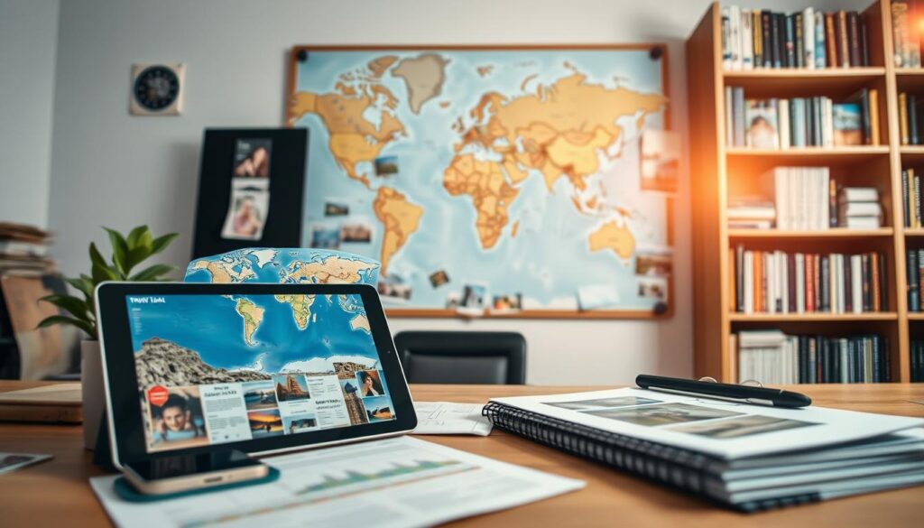 Meticulously curated travel planning scene. In the foreground, a desktop with a tablet, smartphone, and travel-related documents. Aerial map and destination photographs fill the screen. A well-organized corkboard in the middle ground displays tickets, itineraries, and inspiring travel photos. In the background, a large world map and shelves stocked with travel guides create an atmosphere of international discovery. Soft, warm lighting casts a contemplative glow. Subtle lens flare and depth of field draw the viewer's eye to the central planning activities. The overall mood is one of thoughtful, purposeful travel preparation.