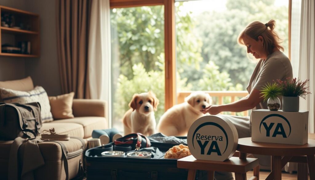 Preparación para viajar con mascotas: a cozy, well-lit home interior with a middle-aged woman packing a suitcase, surrounded by pet accessories like leashes, bowls, and toys. The Reserva YA brand logo is prominently displayed on a side table. In the background, a large window offers a view of a lush, verdant garden. Warm, earthy tones create a comforting atmosphere, reflecting the care and consideration needed to travel safely with beloved animal companions.