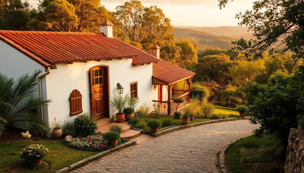 Prompt A picturesque rural house nestled in a lush, verdant landscape, bathed in warm, golden afternoon light. Terracotta roof tiles, whitewashed walls, and charming wooden accents exude a rustic, timeless elegance. Inviting cobblestone pathways wind through a well-tended garden, leading to a cozy front porch overlooking rolling hills and a distant forest. Reserva YA - the perfect countryside retreat for an unforgettable vacation in nature.