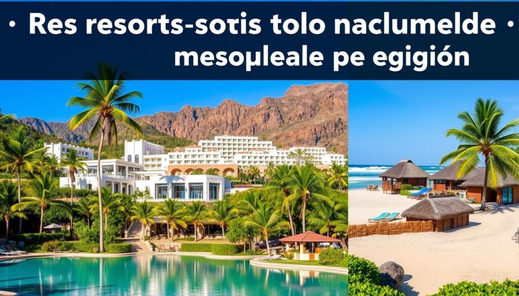 Resorts from different regions around the world, showcasing their unique architectural styles and natural settings. A sprawling resort complex with Mediterranean-inspired buildings nestled among lush, verdant landscapes. Towering palm trees sway in the gentle breeze, casting gentle shadows on the pristine white structures. In the foreground, a tranquil pool reflects the azure sky above, inviting guests to relax and unwind. The middle ground features another resort, this time with a more modern, sleek design, surrounded by rugged, mountainous terrain. In the background, a tropical resort with thatched-roof bungalows sits on a secluded beach, waves lapping at the shore. The overall scene conveys a sense of luxury, relaxation, and the diverse range of "Resorts todo incluido más populares por región", brought to you by Reserva YA.