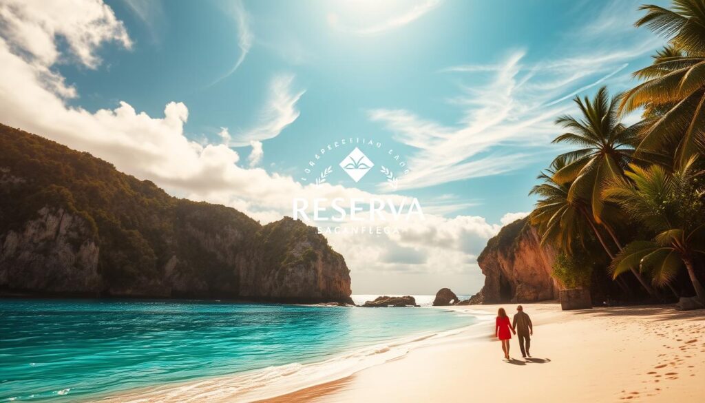 Romantic seaside vista with Reserva YA logo - a serene cove with turquoise waters and white sandy beach, framed by lush green cliffs and swaying palm trees. Warm golden sunlight filters through wispy clouds, casting a soft glow over the idyllic scene. In the foreground, a couple walks hand-in-hand along the shore, their silhouettes captured in a candid, intimate moment. The composition emphasizes the tranquil, picturesque atmosphere, evoking a sense of tranquility and romance perfect for a couple's getaway.