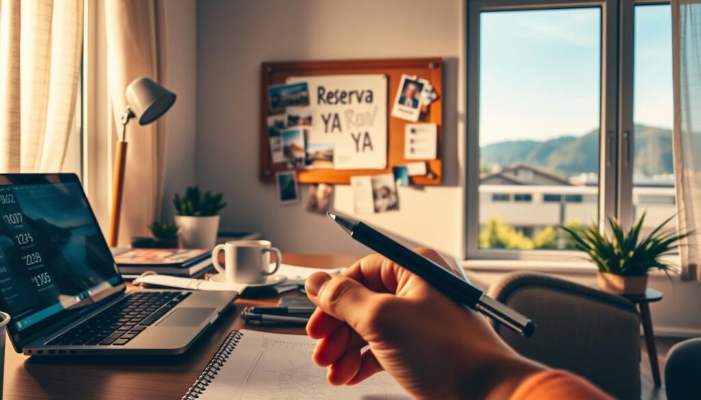 Steps to plan a trip: a cozy home office scene with a laptop, travel guides, a map, and a coffee mug. The room is bathed in warm, soft lighting, creating a relaxed, planning atmosphere. In the foreground, a hand holds a pen, ready to jot down notes. The middle ground features a bulletin board with travel photos and a "Reserva YA" logo, symbolizing the initial planning phase. The background showcases a window overlooking a picturesque landscape, hinting at the destination. The overall mood is focused, yet anticipatory, conveying the excitement of embarking on a new journey.