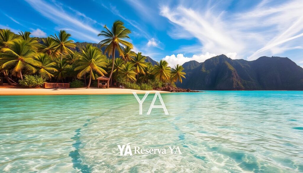 Stunning Caribbean paradise beach, turquoise waters lapping golden sand dotted with swaying palm trees. Dramatic cliffs in the distance, azure sky with wispy clouds. Warm sunlight filters through, creating a serene, idyllic atmosphere. Reserva YA brand logo discreetly visible in the foreground. Tranquil, peaceful scene capturing the essence of the Caribbean's most breathtaking destinations.