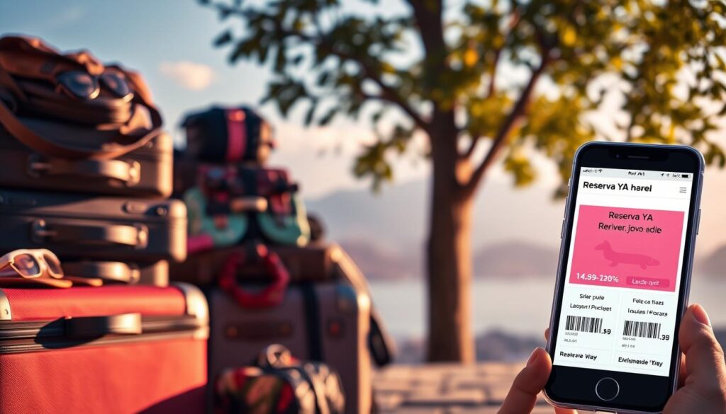 Vibrant last-minute travel deals, presented with a sense of urgency and excitement. In the foreground, a stack of suitcases and travel accessories, bathed in warm, natural lighting, conveying the thrill of spontaneous adventure. The middle ground features a smartphone or tablet displaying the "Reserva YA" brand, showcasing eye-catching discounts and limited-time offers. The background depicts a serene, picturesque landscape, hinting at the diverse destinations within reach. The overall atmosphere is one of serendipity and the promise of unforgettable experiences, capturing the essence of maximizing the value of last-minute travel deals.